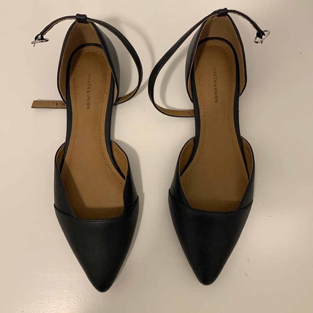 14th & Union Black Pointed Toe D'Orsay Flats with Ankle Strap